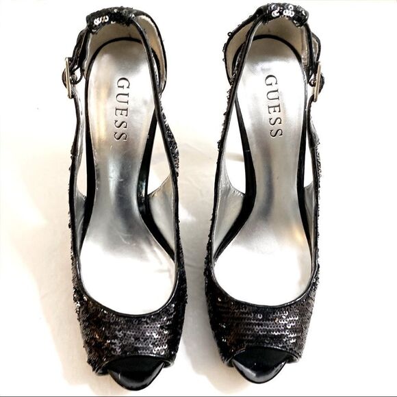 Guess Black HONDOLA Sequined Peep Toe Slingback Platform High Heel Pumps - Picture 3 of 6